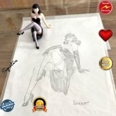 Original Berthet / Pin-up / Crayonné Noir / A4 / Signé + Statuette 3D