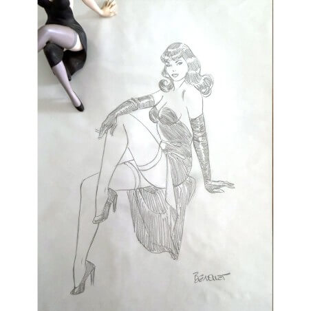 Original Berthet / Pin-up / Crayonné Noir / A4 / Signé + Statuette 3D